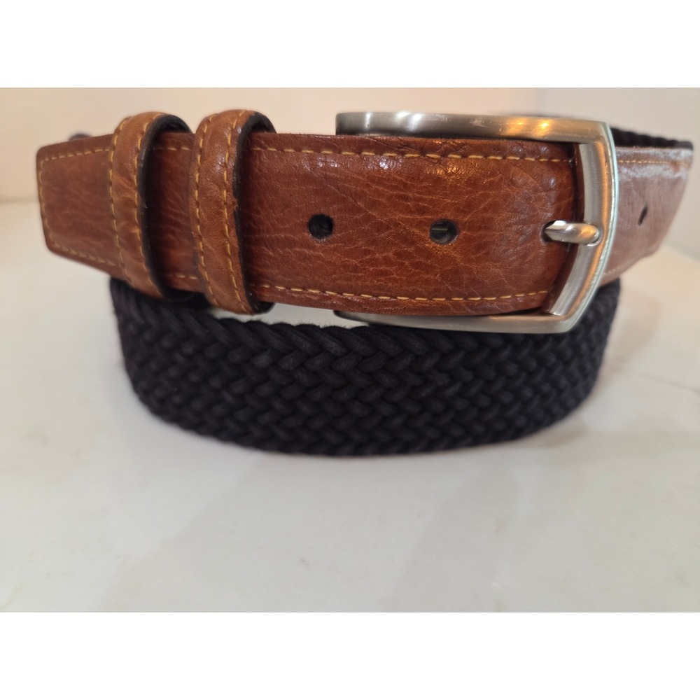 Torino Belt Size 44 Brown Black Braided Woven Leather Trim Made in USA Preppy